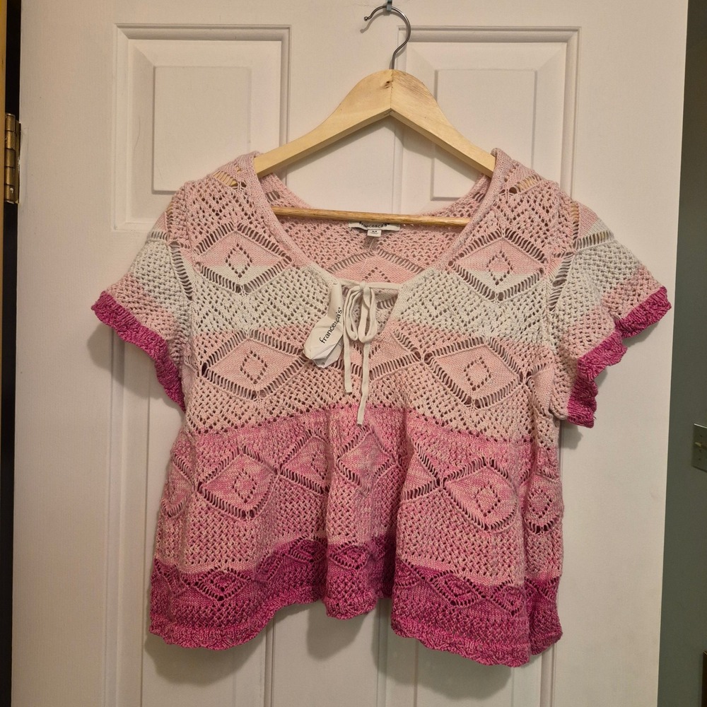 Francescas Pink Ombre Crochet Boho Peplum Top Short Sleeve V-Neck Tie Medium NWT